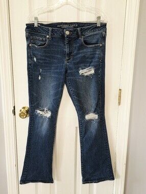 American Eagle Outfitters Dark Blue Skinny Kick Flare Jeans Distressed 12 Short